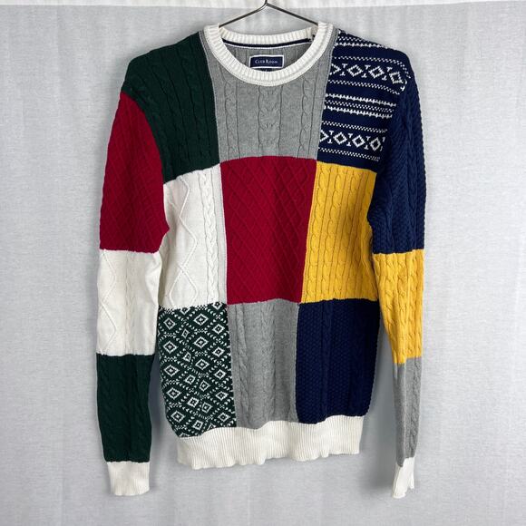 Club Room Sweater Mens Patchwork Cable Knit Pullover Preppy Fisherman Cozy - Picture 1 of 5